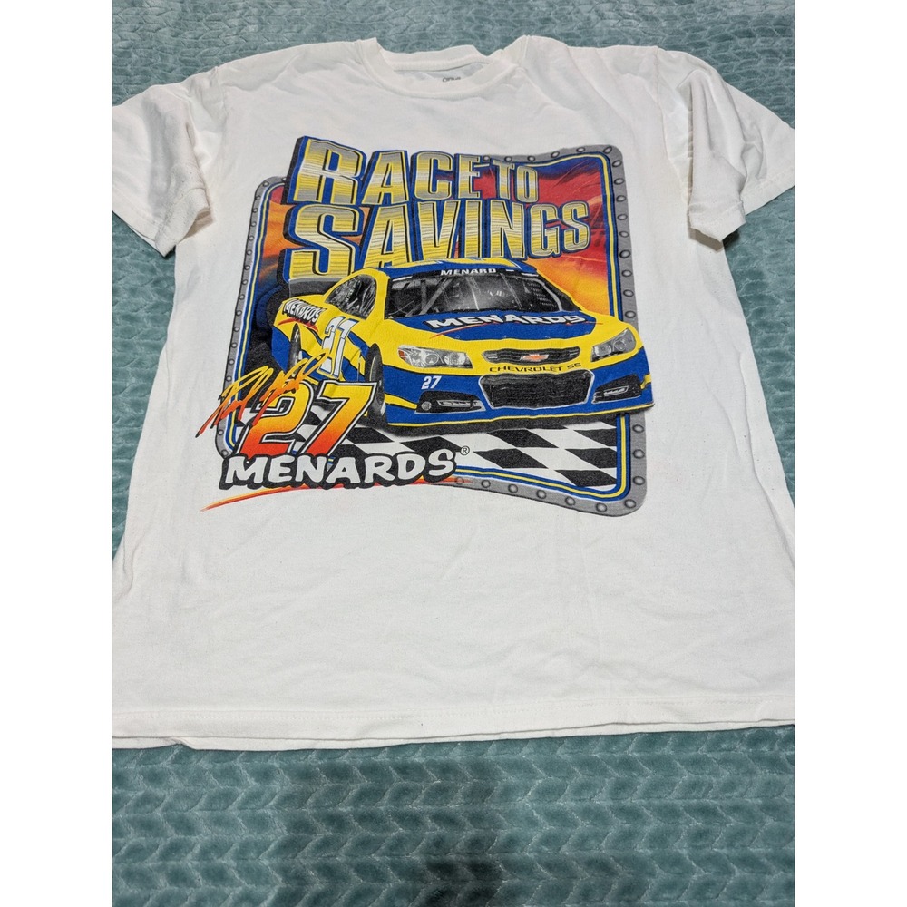 Anvil Menards Race to Savings NASCAR T-Shirt Paul Menard 27 White Mens Medium‎